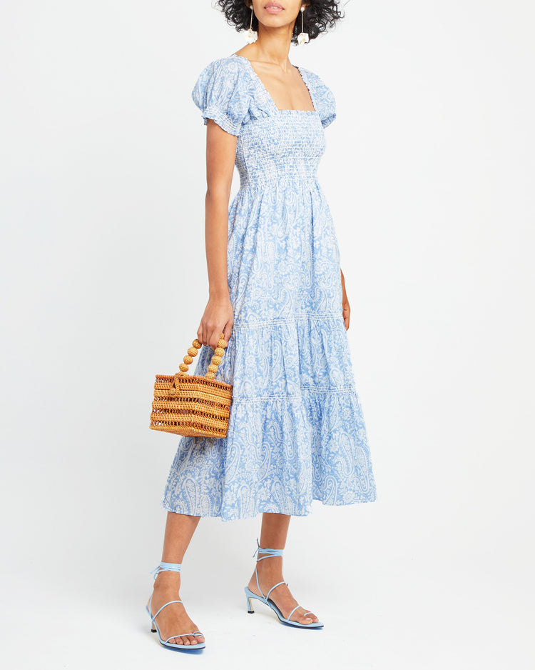 Sixth image of Square Neck Smocked Maxi Dress, a blue maxi dress, smocked, puff sleeves, short sleeves, floral