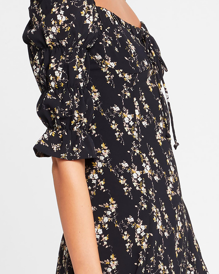 Sixth image of She's Picky Dress, a black midi dress, puff sleeves, 3/4 sleeves, fall, floral, side slit