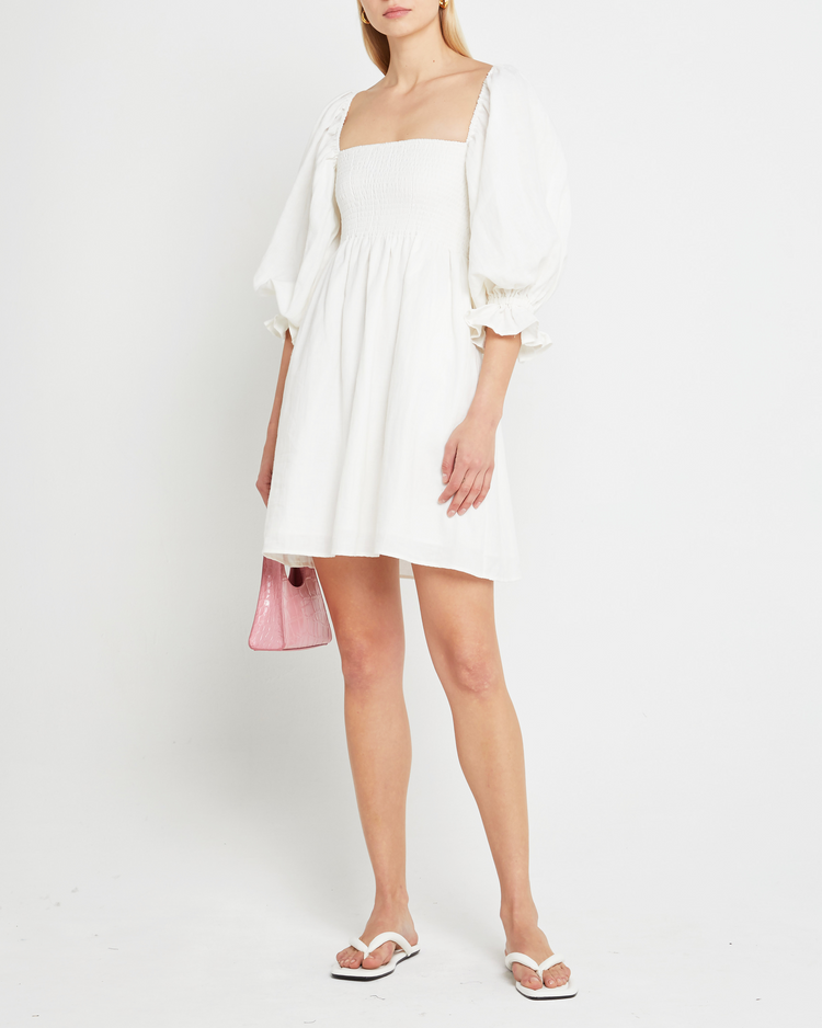 Sixth image of Portia Mini Dress, a white mini dress, puff sleeves, smocked, square neckline