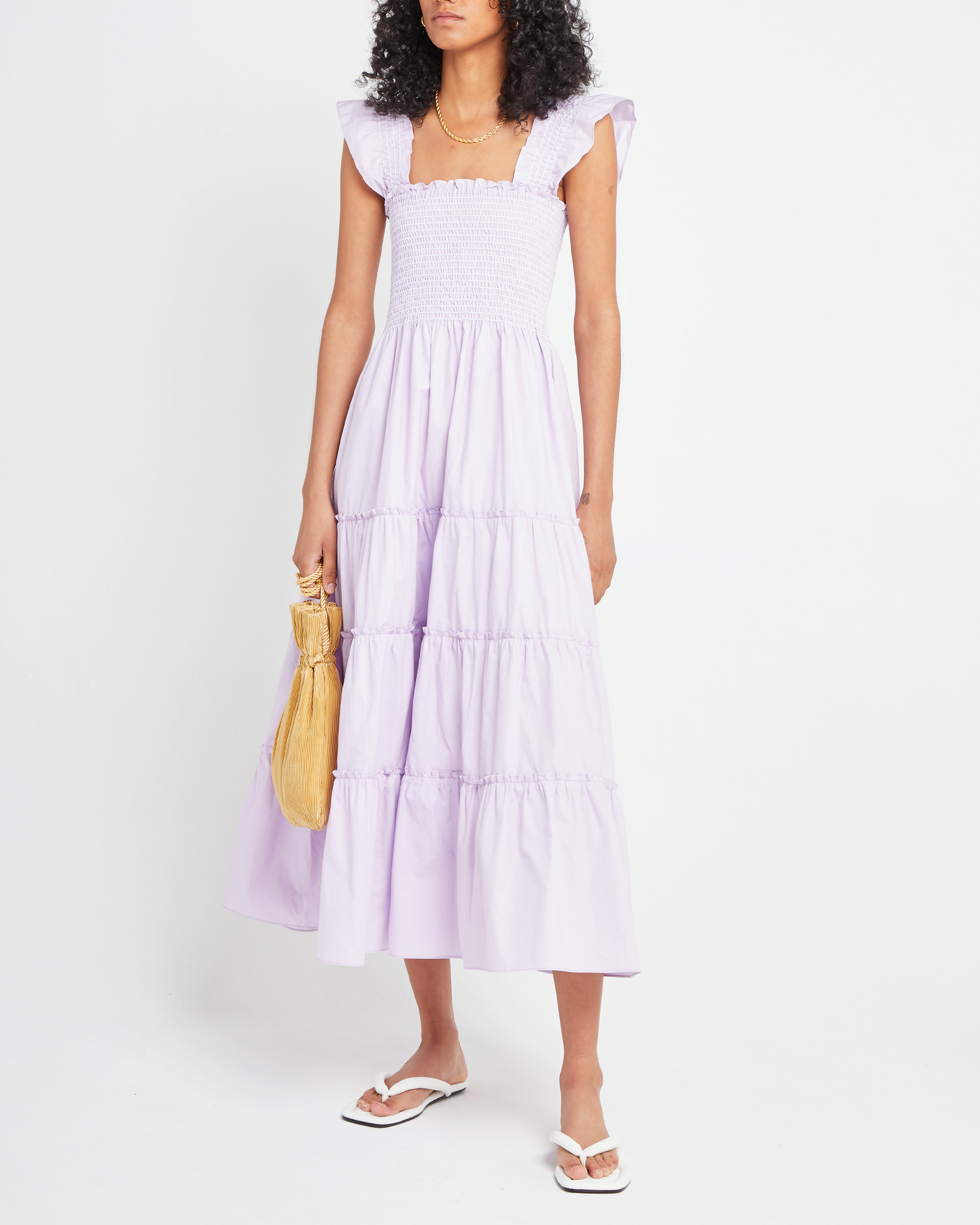Sixth image of Calypso Maxi Dress, a purple maxi dress, ruffle cap sleeves, smocked bodice