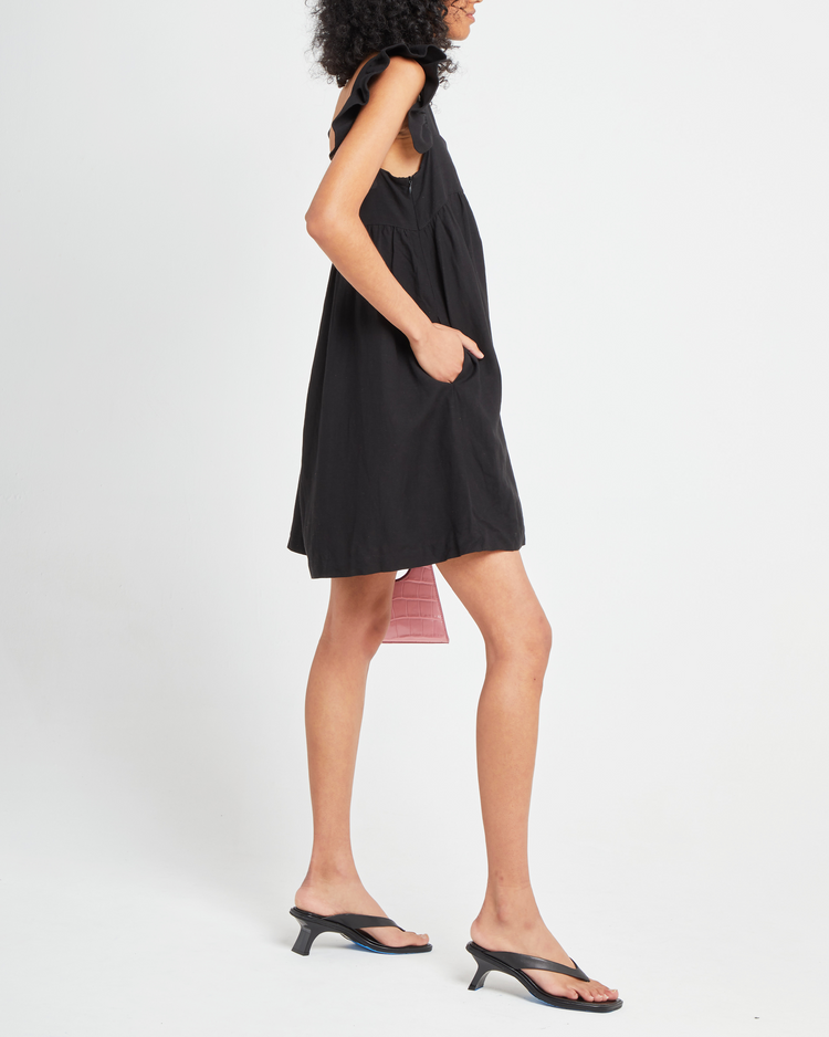 Sixth image of Aria Dress, a black mini dress, ruffle sleeves, retro, babydoll, square neckline