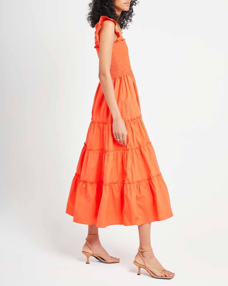 Sixth image of Calypso Maxi Dress, a orange maxi dress,ruffle cap sleeves, smocked bodice
