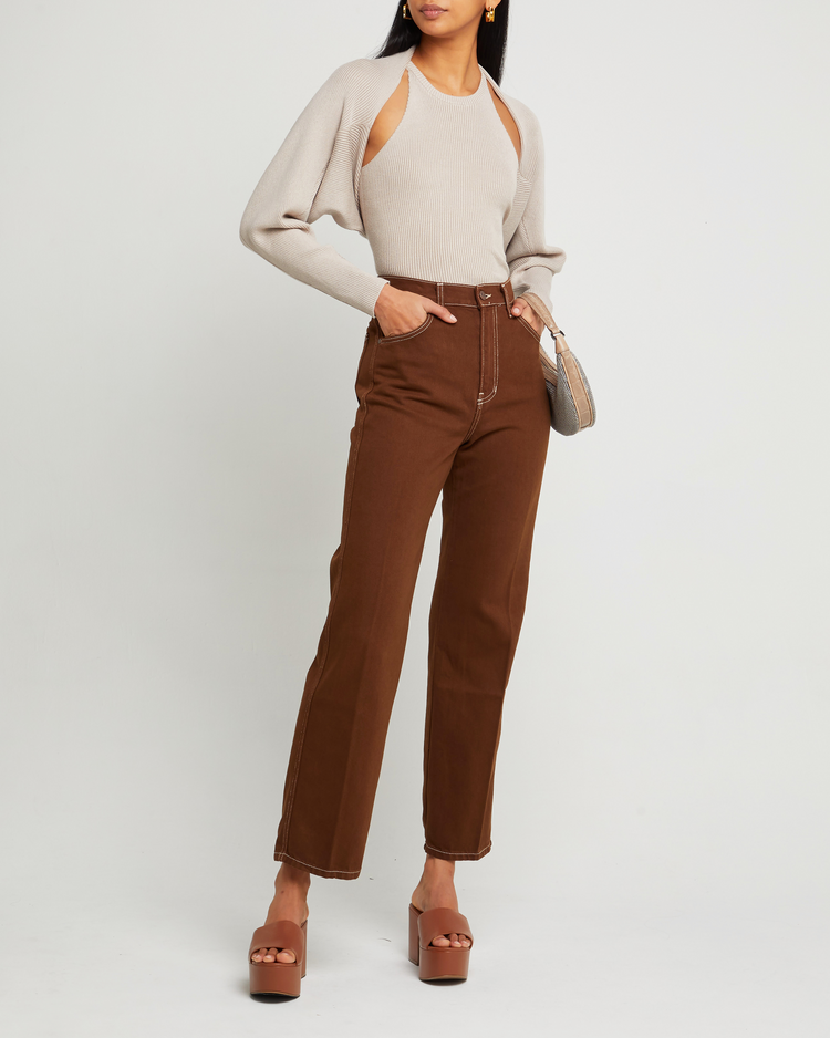 Third image of Naomi Cardi Set, a beige top and cardi, knit, sweater tank, high neck, bolero, cardigan, sleeves, shrug