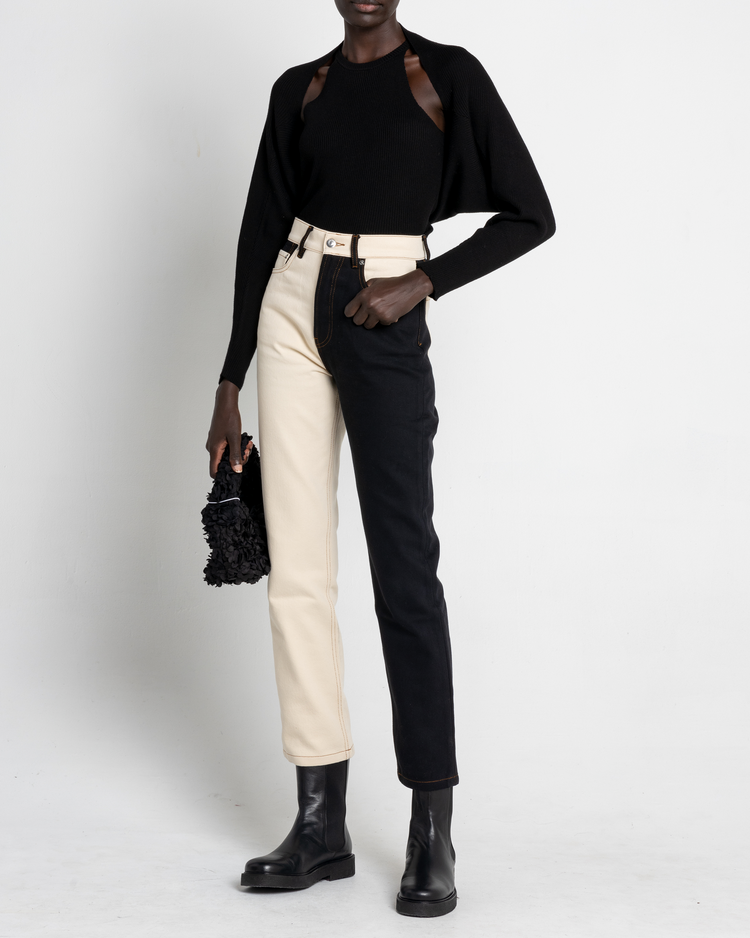 Third image of Naomi Cardi Set, a black top and cardi, knit, sweater tank, high neck, bolero, cardigan, sleeves, shrug