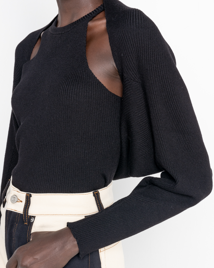 Sixth image of Naomi Cardi Set, a black top and cardi, knit, sweater tank, high neck, bolero, cardigan, sleeves, shrug
