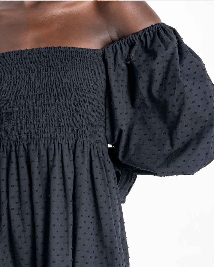 Sixth image of Portia Mini Dress, a black mini dress, puff sleeves, square neckline, smocked bodice, 3/4 sleeves