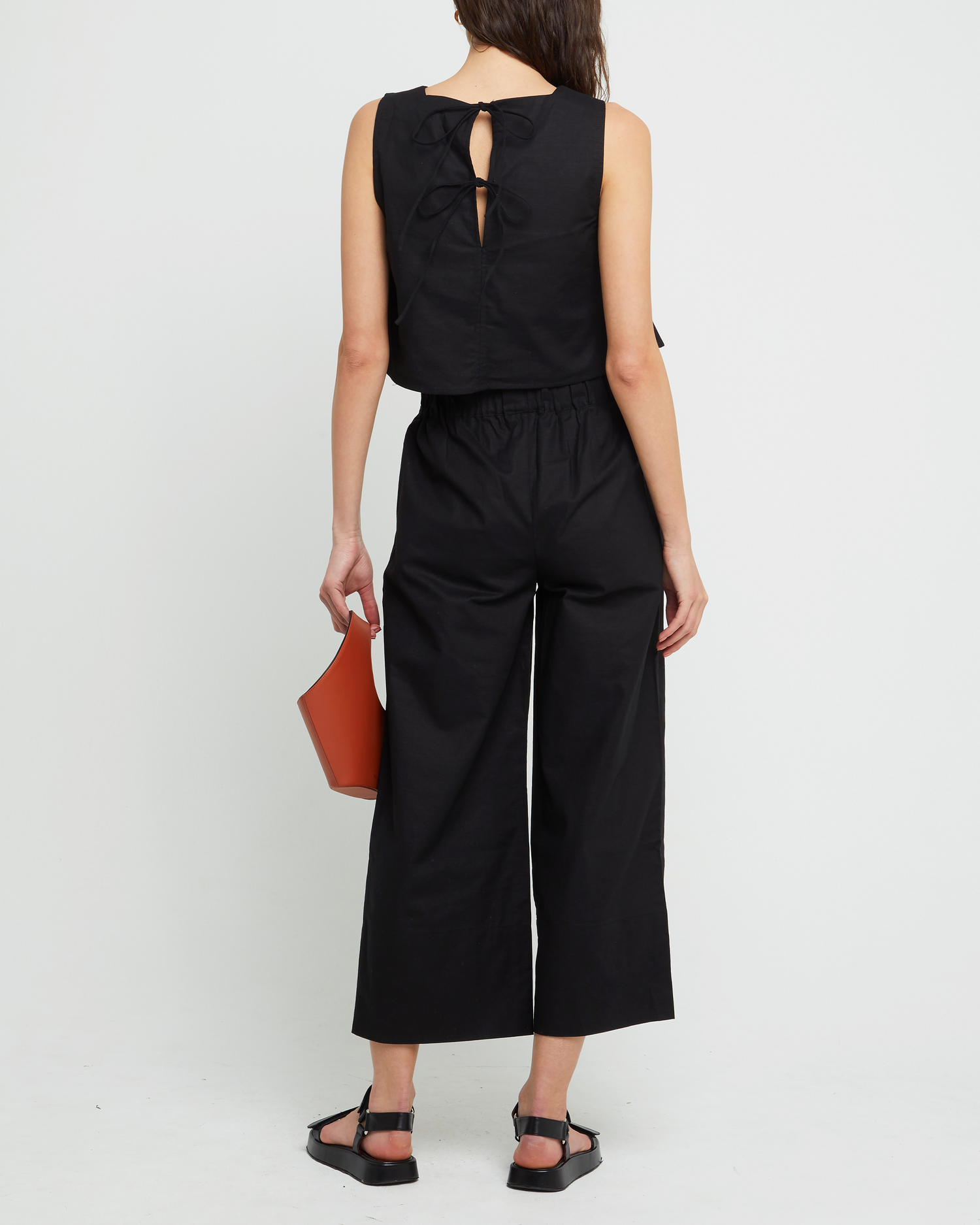 Second image of Willow Set, a black top and long pants, tank, seperates, high neckline, elastic, relaxed, wide leg, cropped