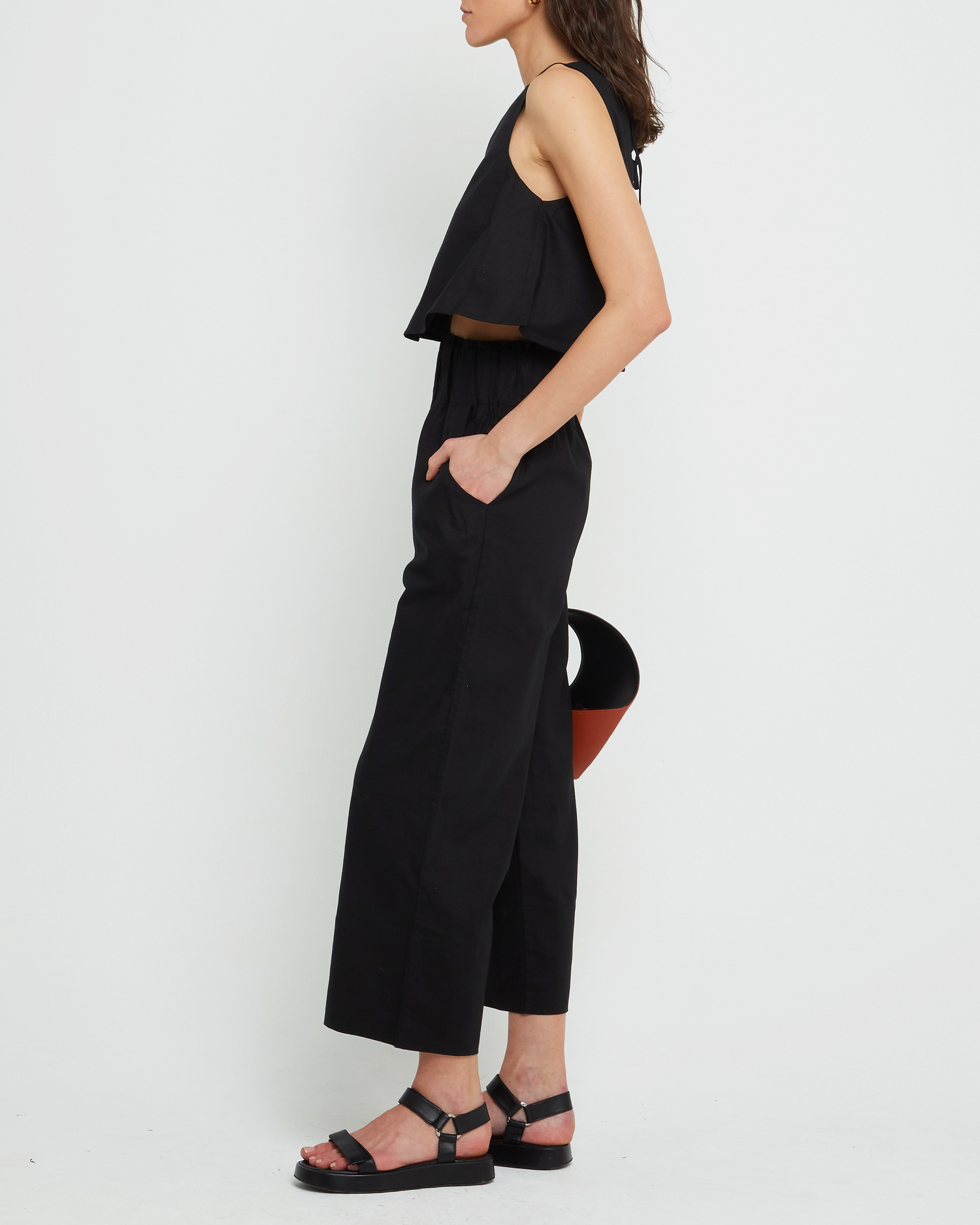 Third image of Willow Set, a black top and long pants, tank, seperates, high neckline, elastic, relaxed, wide leg, cropped