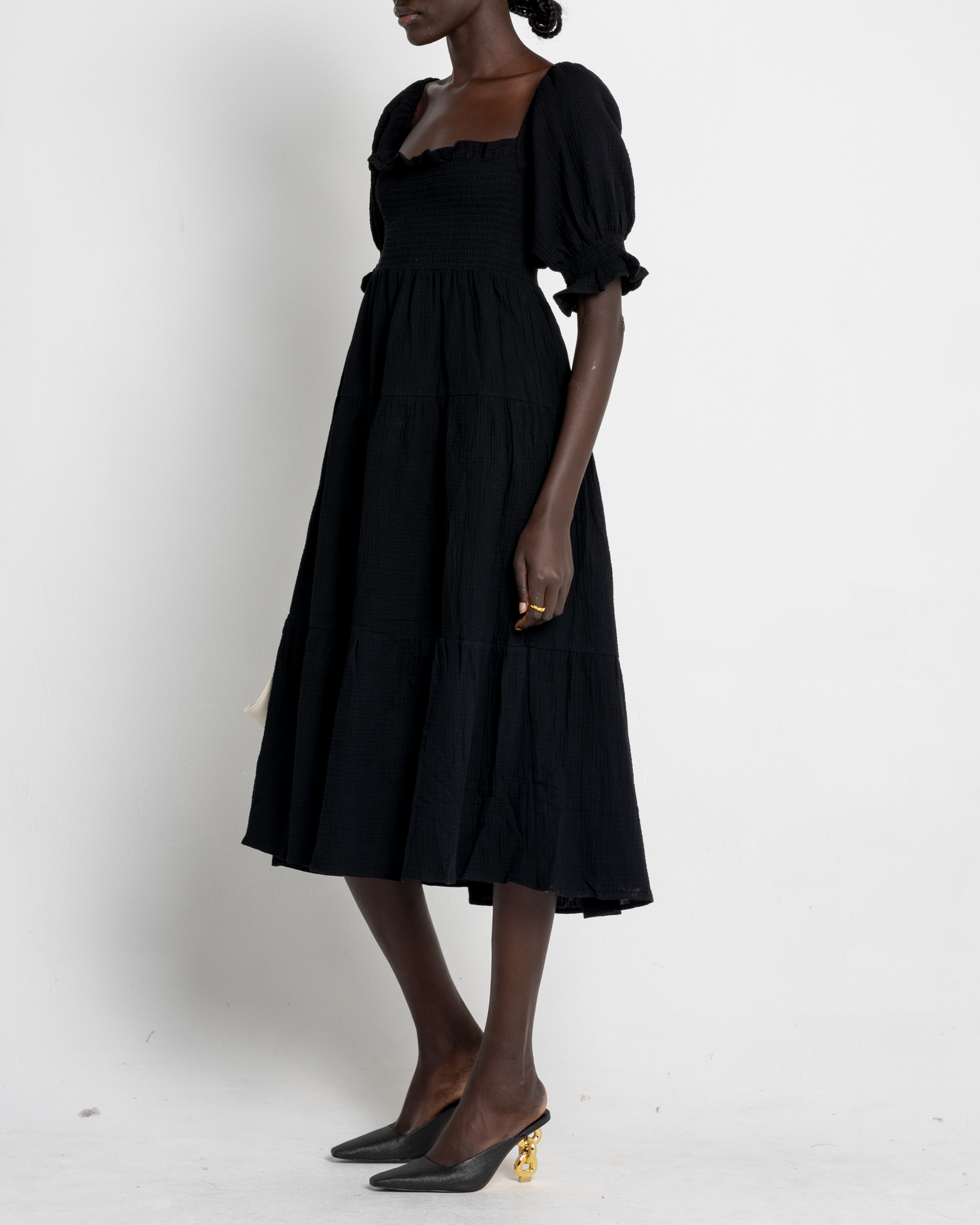 Sixth image of Frankie Dress, a black midi dress, puff sleeves, short sleeves