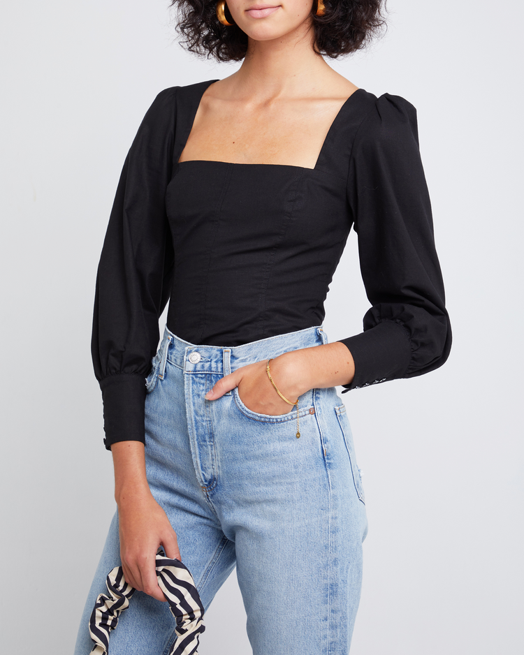 Sixth image of Sipora Top, a black puff sleeve top, long sleeve, puff sleeve, square neckline