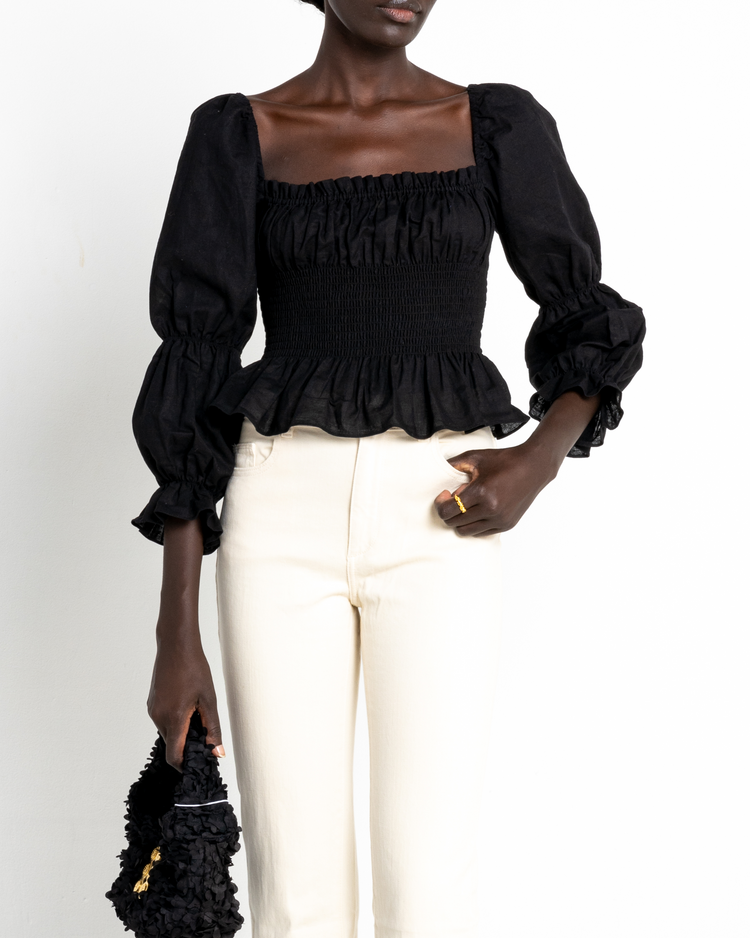 First image of Gia Top, a black puff sleeve top, puff sleeves, square neckline