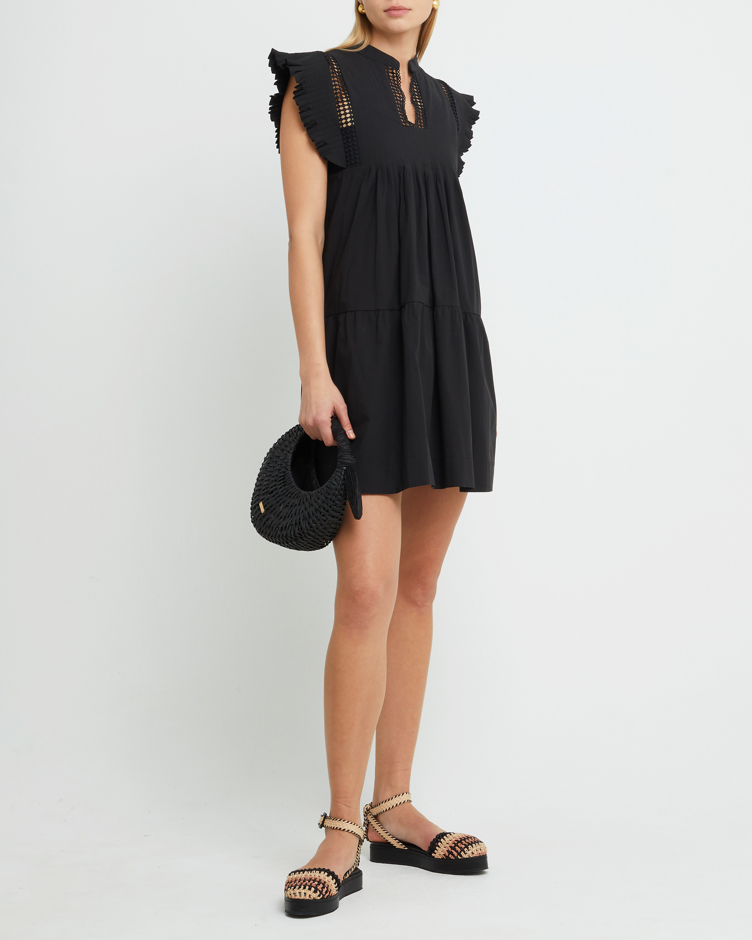 Fourth image of Callan Dress, a black mini dress, paneled, lace, ruffle sleeve, high neckline