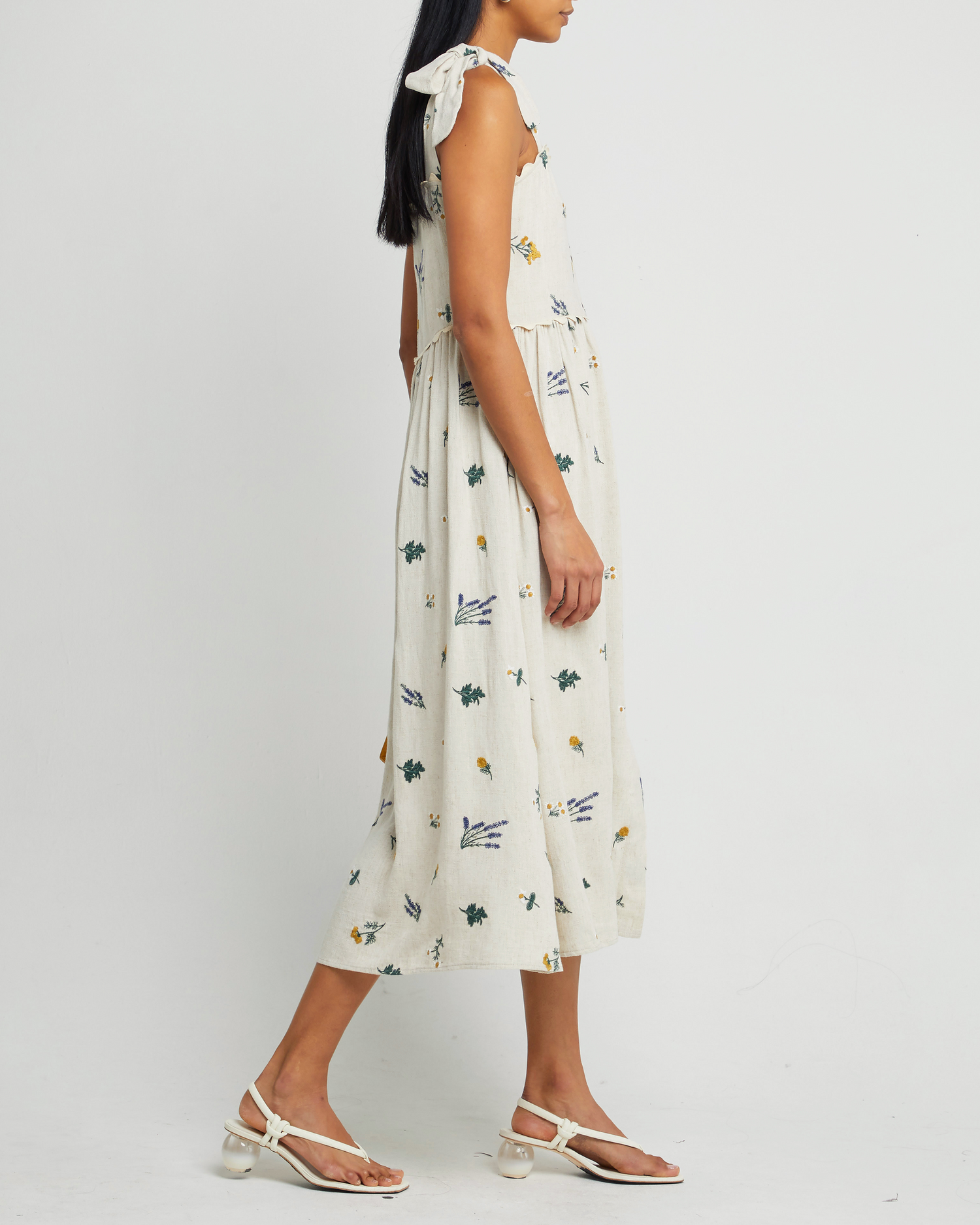 Third image of September Dress, a  maxi dress, linen, embroidered, fall, floral, pockets, buttons, tank
