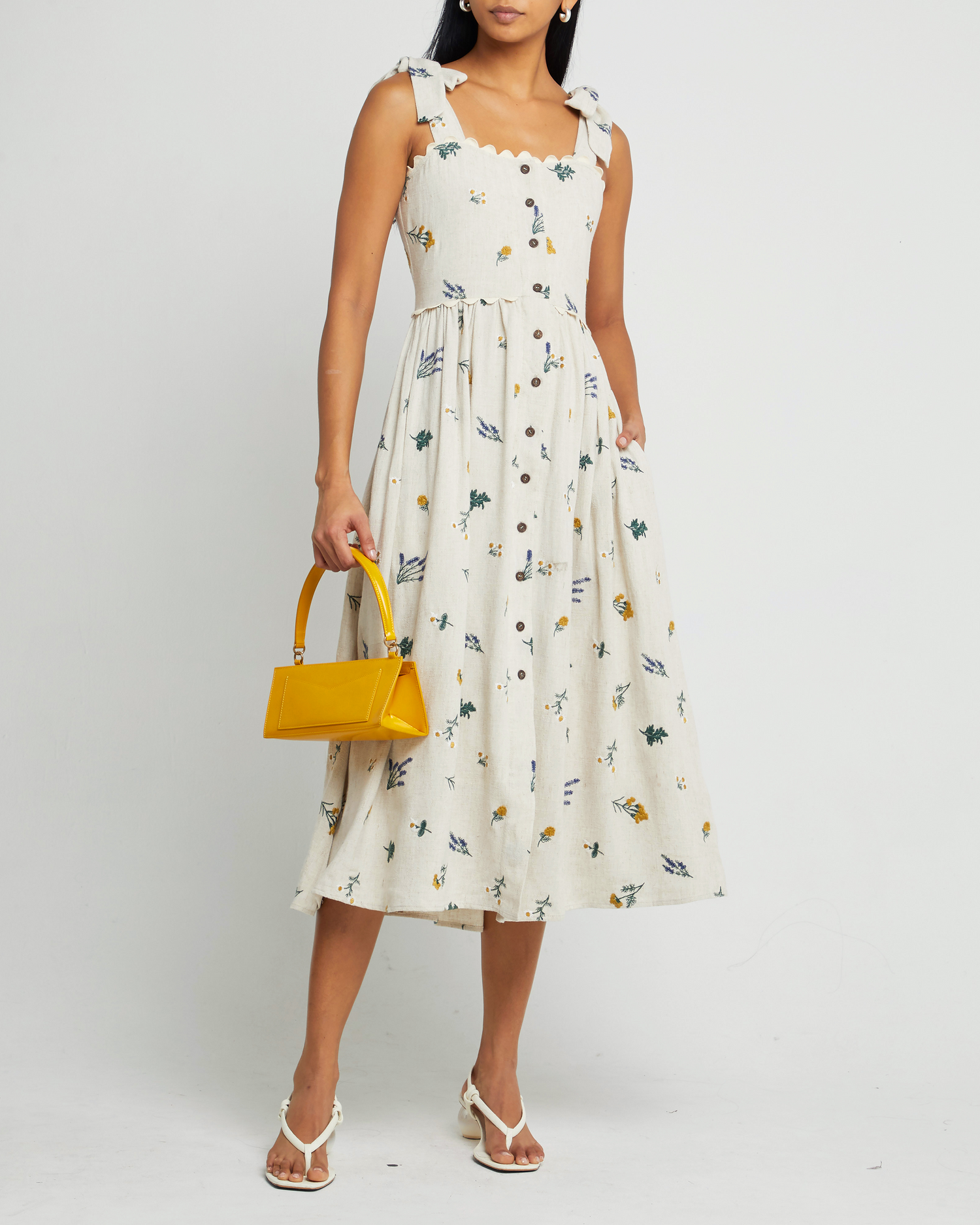 Fourth image of September Dress, a  maxi dress, linen, embroidered, fall, floral, pockets, buttons, tank