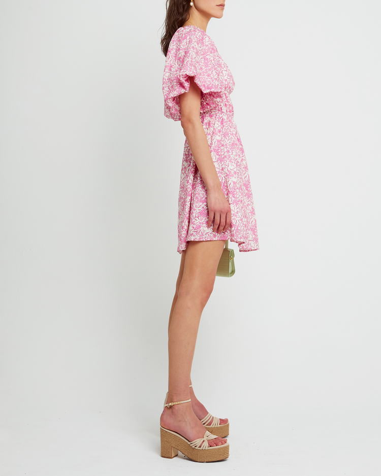 Third image of Leanna Dress, a pink mini dress, floral, puff sleeves, short sleeves, gathered