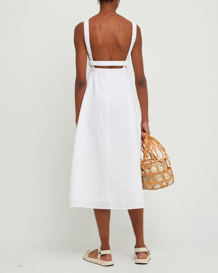 Second image of Aubrielle Dress, a white midi dress, open back, cut out, high neckline, sleeveless