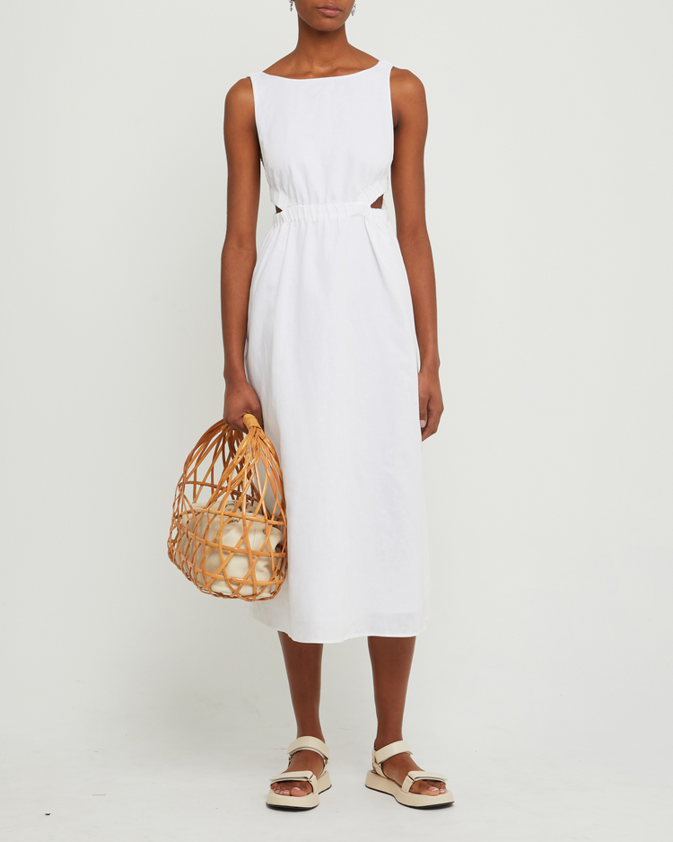 Fourth image of Aubrielle Dress, a white midi dress, open back, cut out, high neckline, sleeveless