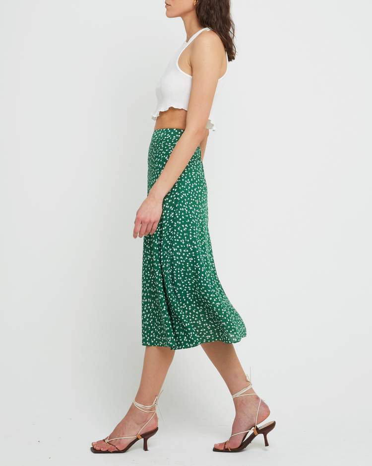 Third image of Rilynn Skirt, a green midi skirt, floral, back zipper