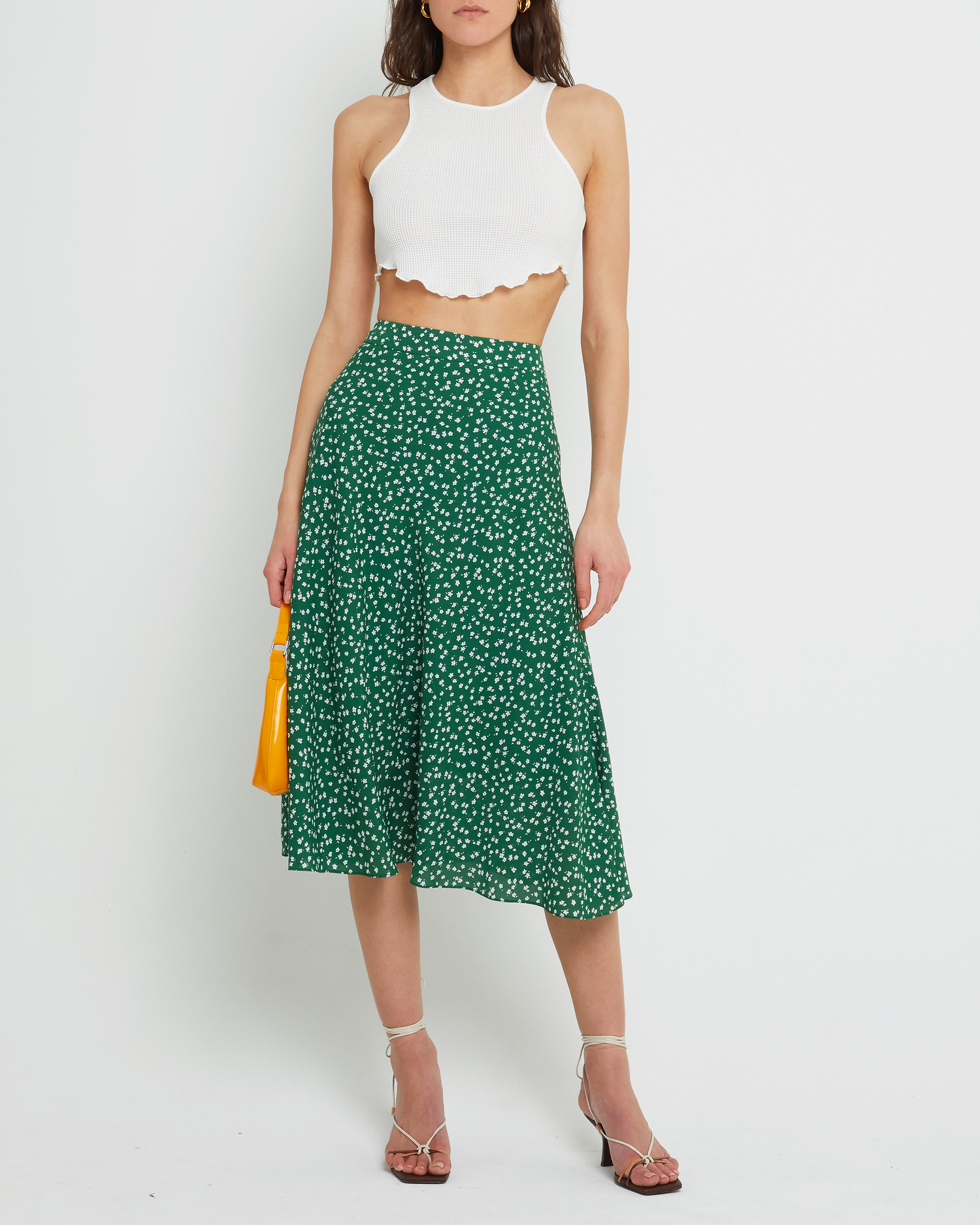 Fourth image of Rilynn Skirt, a green midi skirt, floral, back zipper