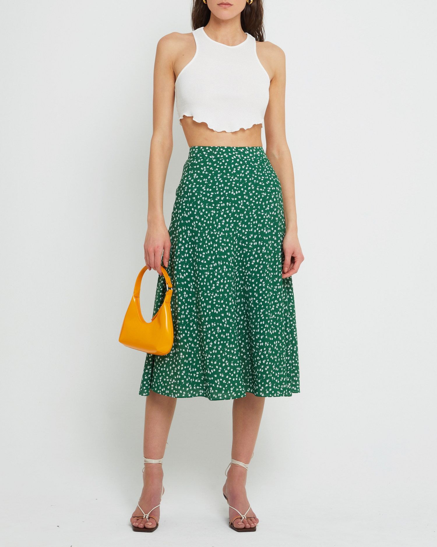 Fifth image of Rilynn Skirt, a green midi skirt, floral, back zipper