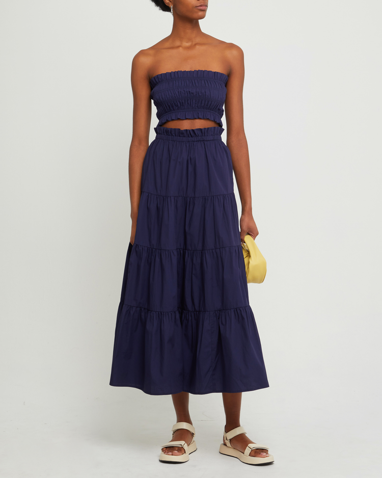 Fifth image of Ellery Set, a blue top and maxi skirt, strapless, ruched, ruffle, smocked, tiered
