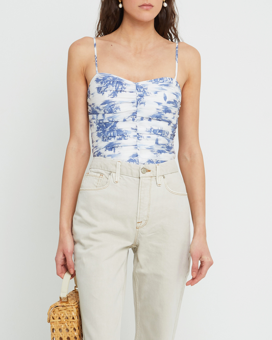 First image of Saskia Top, a blue sleeveless top, toile, ruched, spaghetti strap, tank