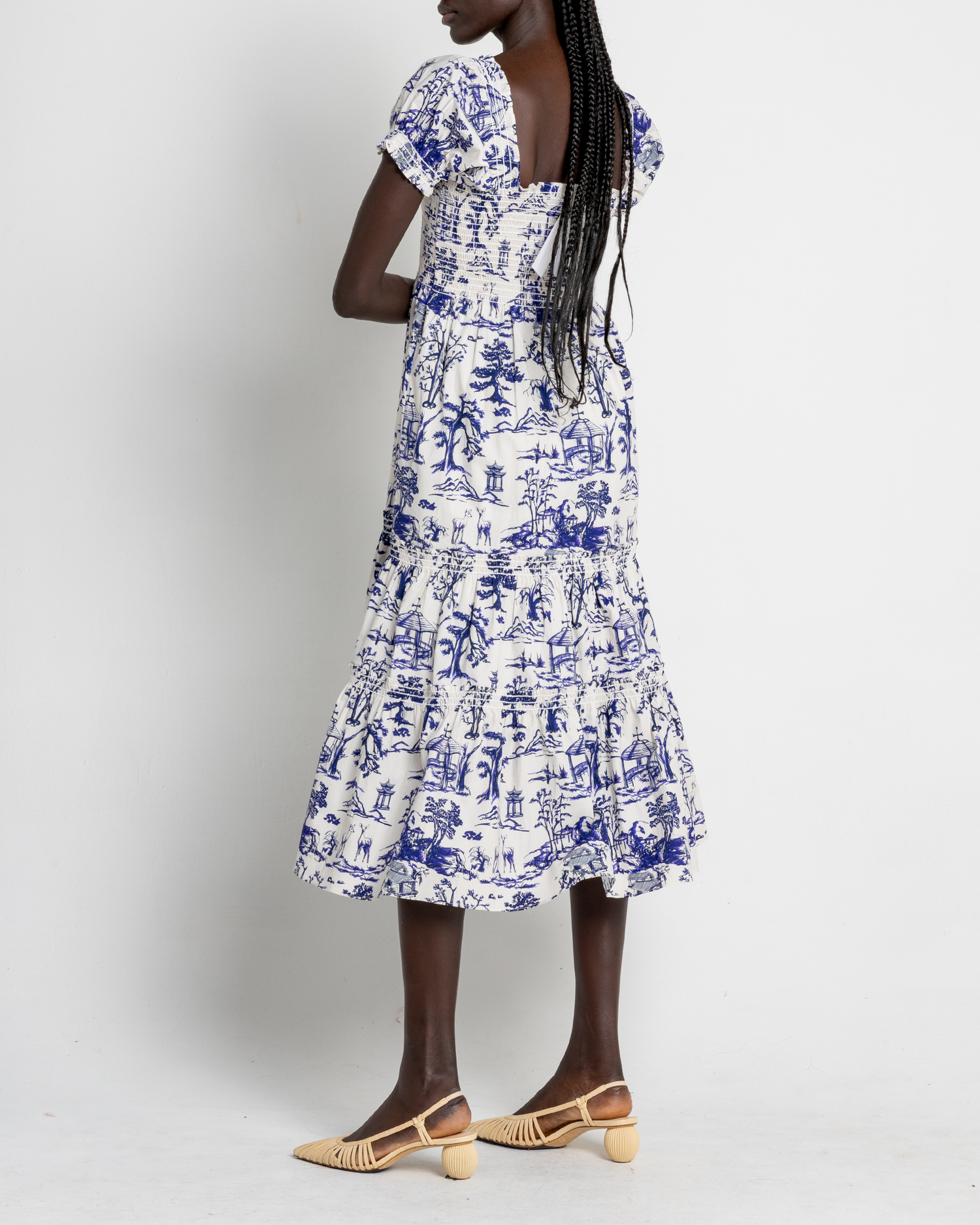 Third image of Square Neck Smocked Maxi Dress, a blue maxi dress,smocked, puff sleeves, short sleeves, toile