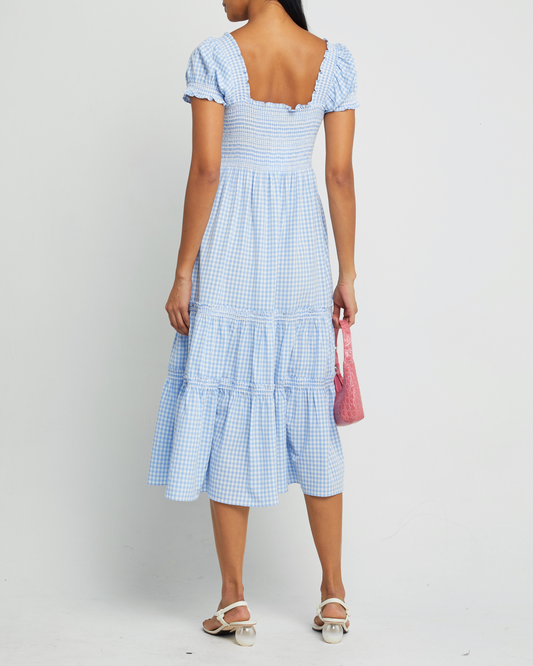 Second image of Square Neck Smocked Maxi Dress, a blue maxi dress, smocked, puff sleeves, short sleeves