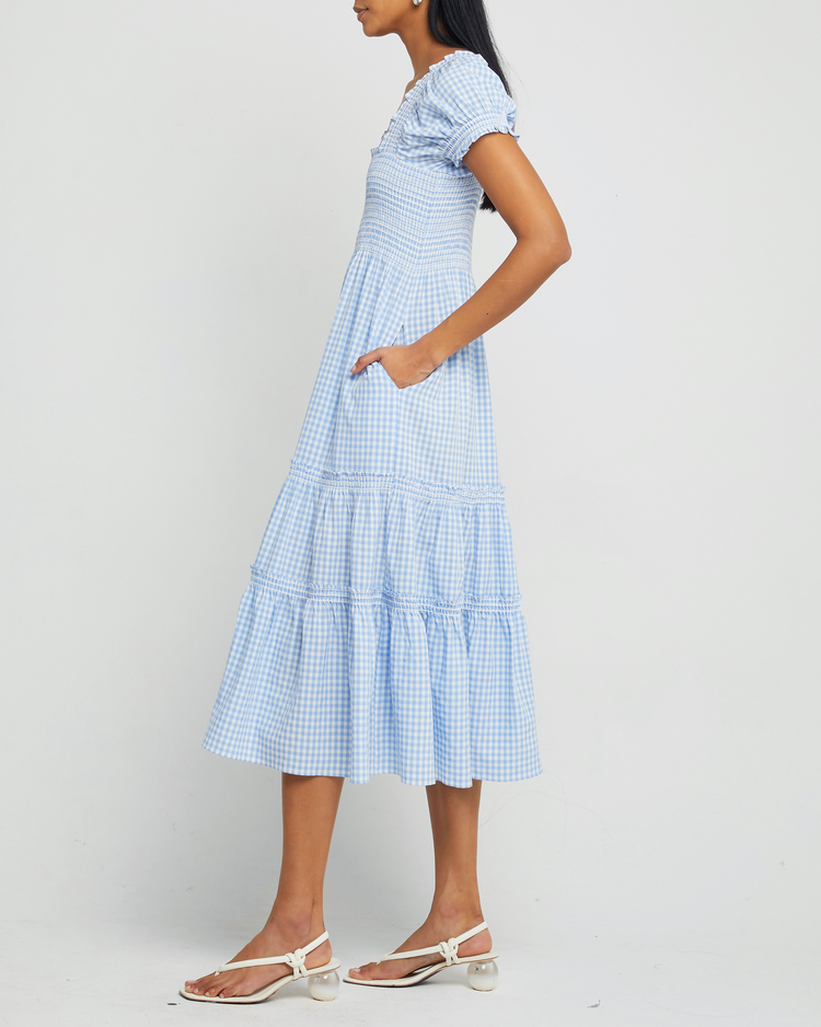 Third image of Square Neck Smocked Maxi Dress, a blue maxi dress, smocked, puff sleeves, short sleeves
