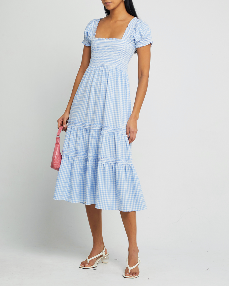 Fourth image of Square Neck Smocked Maxi Dress, a blue maxi dress, smocked, puff sleeves, short sleeves
