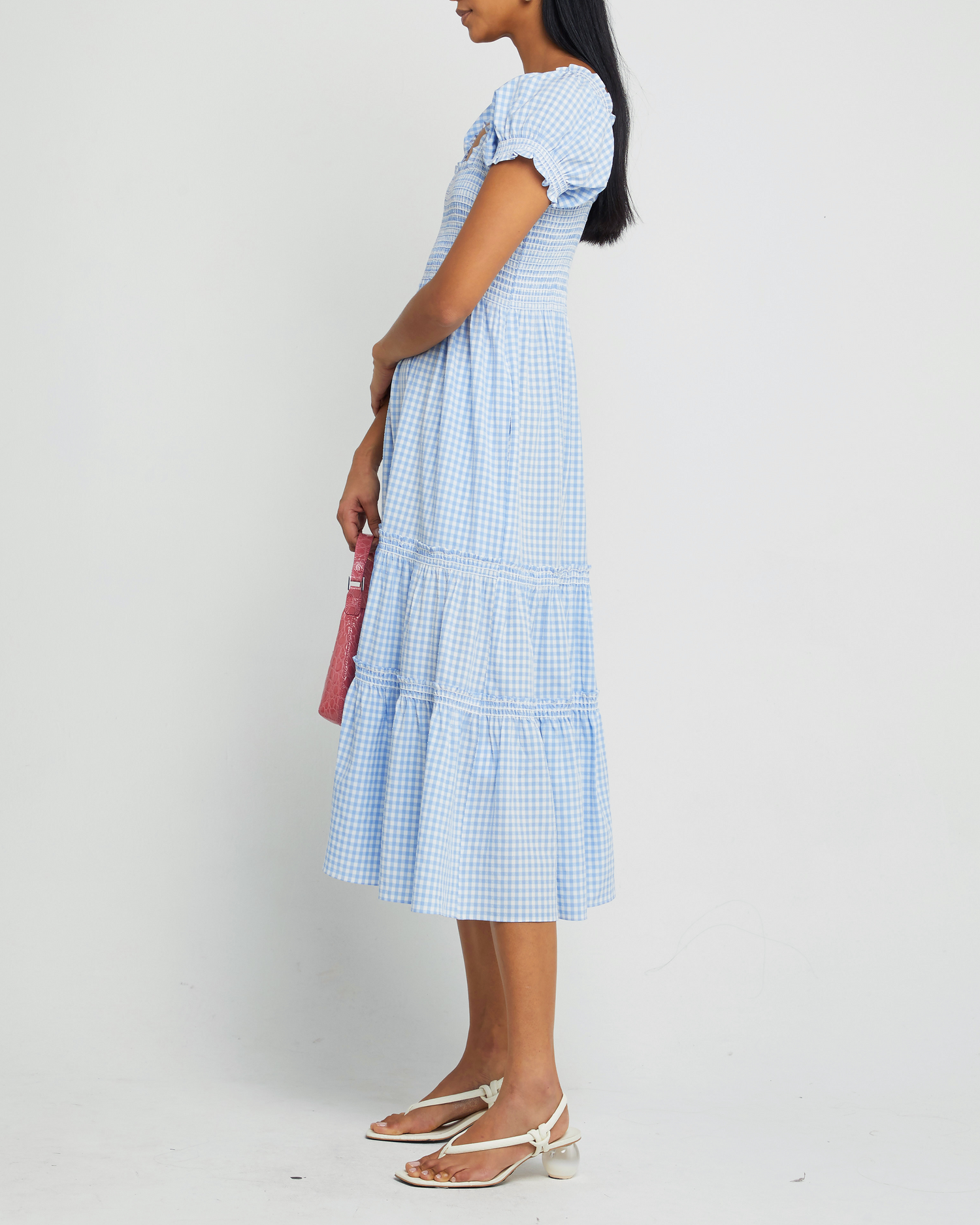 Fifth image of Square Neck Smocked Maxi Dress, a blue maxi dress, smocked, puff sleeves, short sleeves