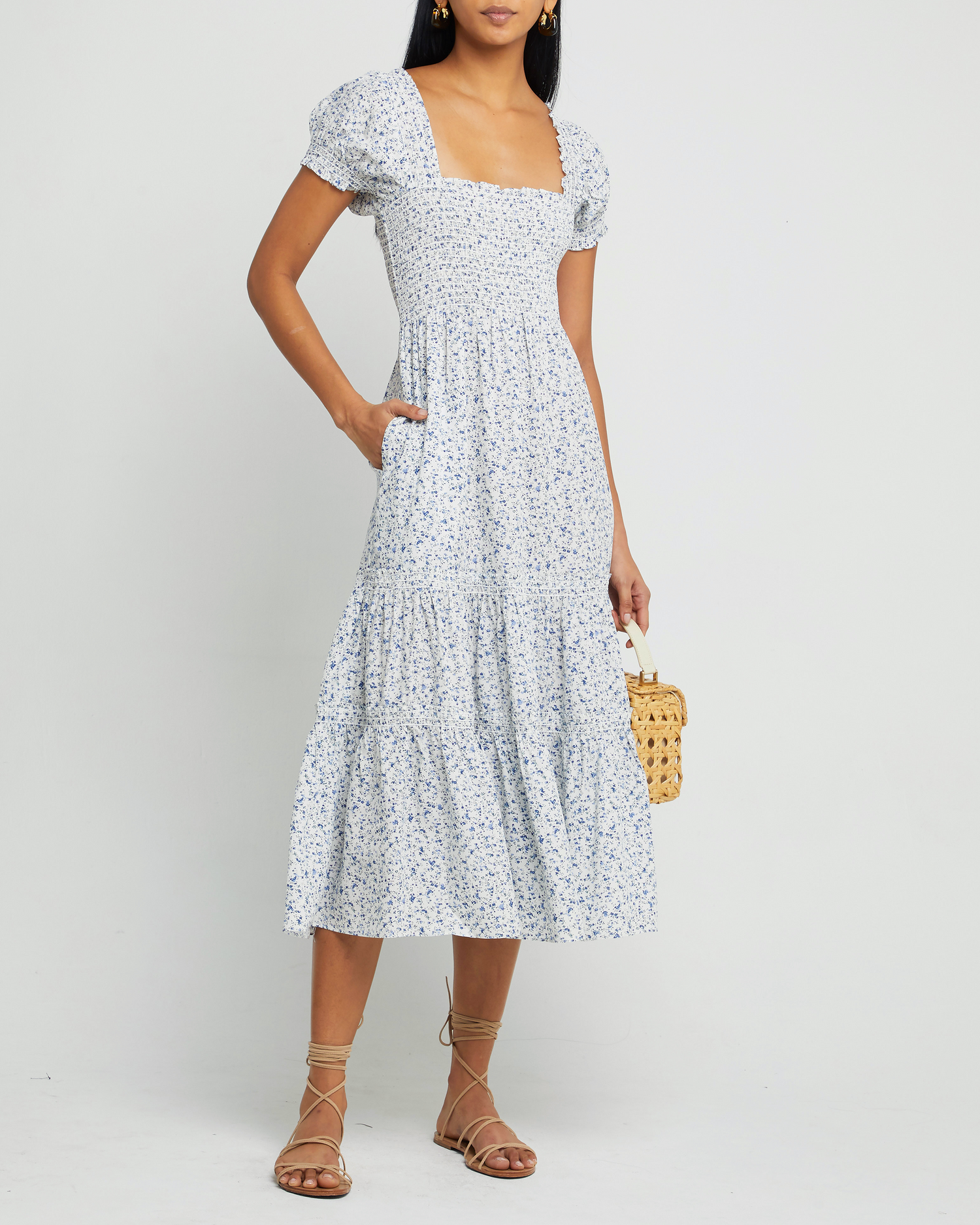 Fifth image of Square Neck Smocked Maxi Dress, a blue maxi dress, smocked, puff sleeves, short sleeves, floral