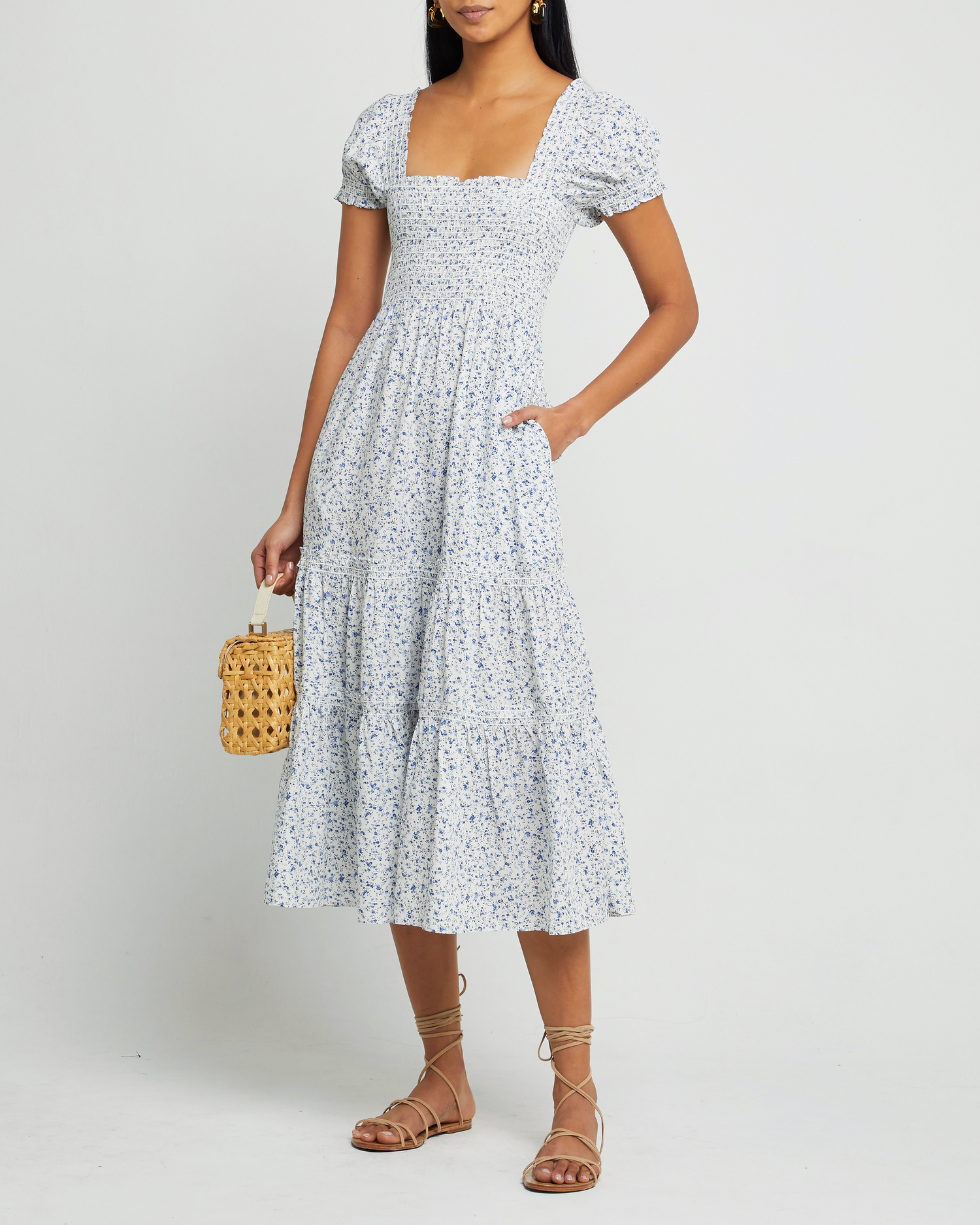 First image of Square Neck Smocked Maxi Dress, a blue maxi dress, smocked, puff sleeves, short sleeves, floral