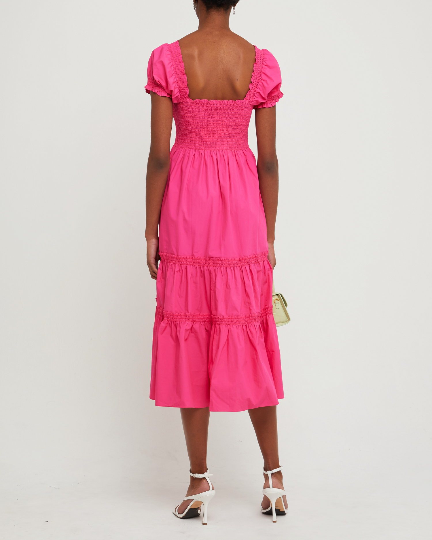 Second image of Square Neck Smocked Maxi Dress, a pink maxi dress, smocked, puff sleeves, short sleeves