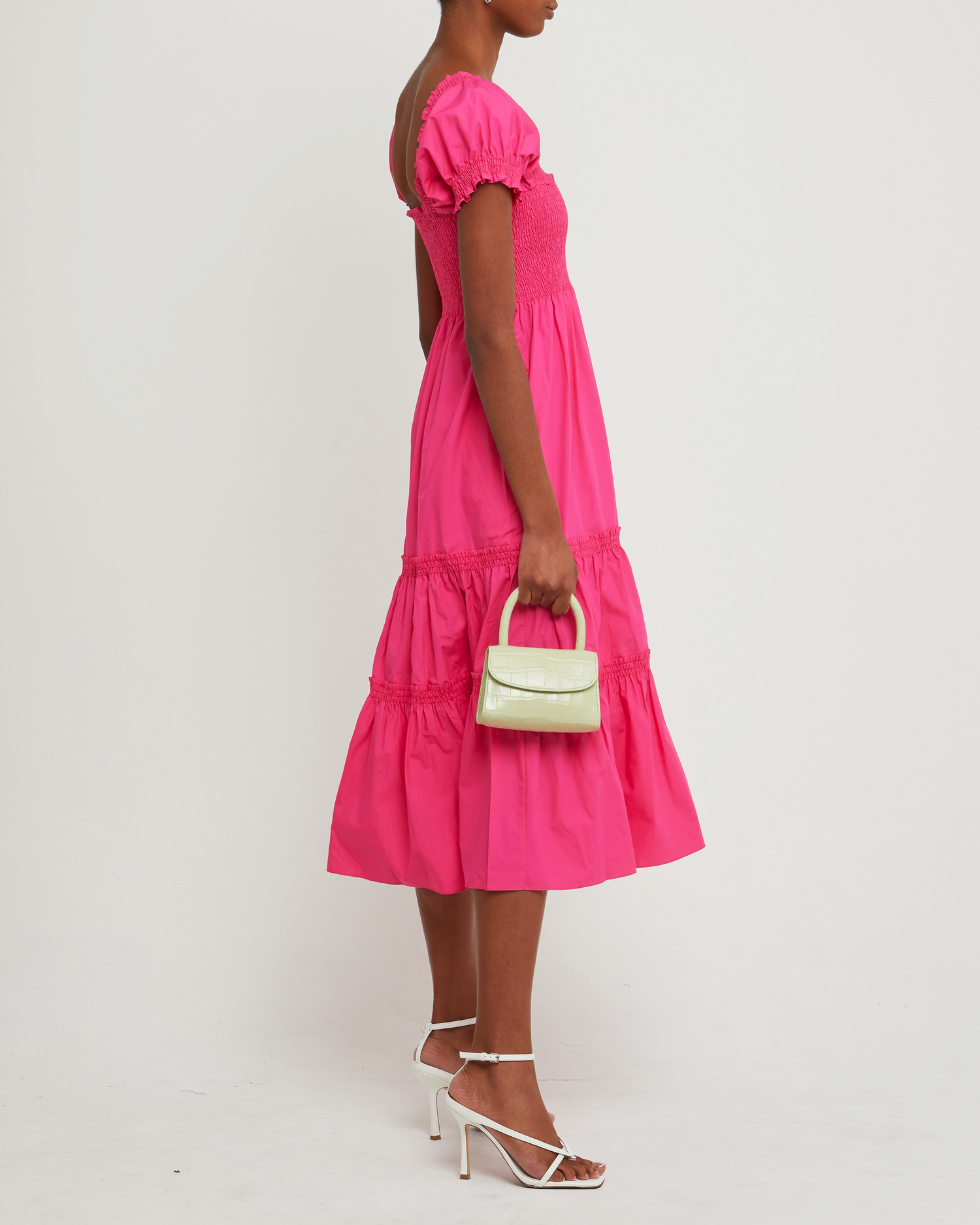 Third image of Square Neck Smocked Maxi Dress, a pink maxi dress, smocked, puff sleeves, short sleeves