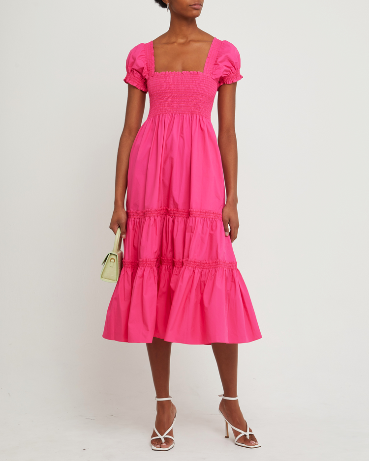 First image of Square Neck Smocked Maxi Dress, a pink maxi dress, smocked, puff sleeves, short sleeves