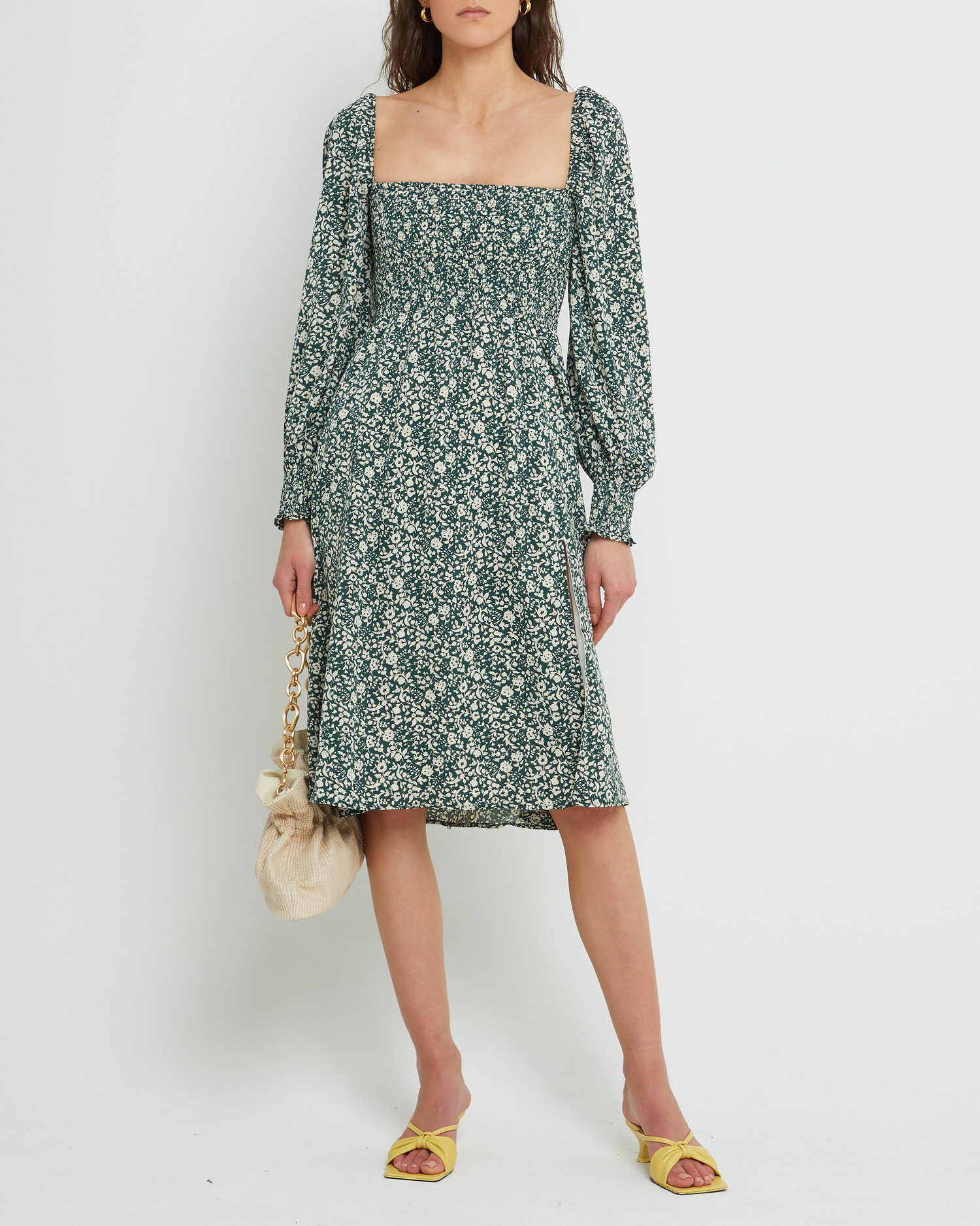 Fourth image of Classic Smocked Midi Dress, a green midi dress, side slit, long, sheer sleeves, puff sleeves, square neckline, smocked bodice