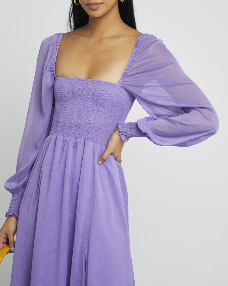 Sixth image of Classic Smocked Maxi Dress, a purple maxi dress, side slit, long, sheer sleeves, puff sleeves, square neckline, smocked bodice