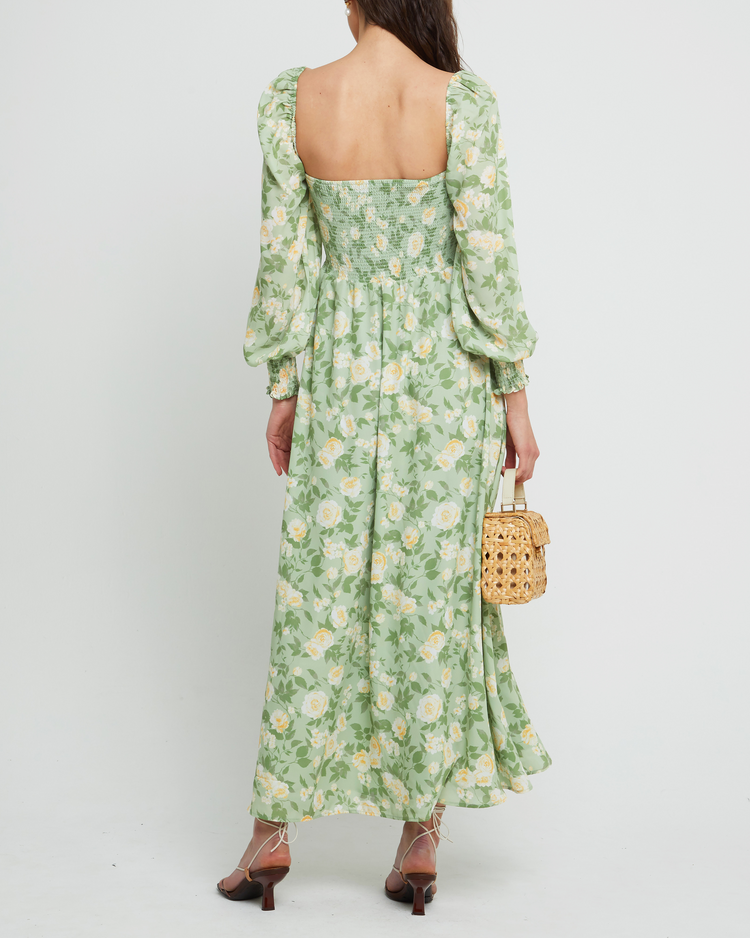 Second image of Classic Smocked Maxi Dress, a floral maxi dress, side slit, long, sheer sleeves, puff sleeves, square neckline, smocked bodice