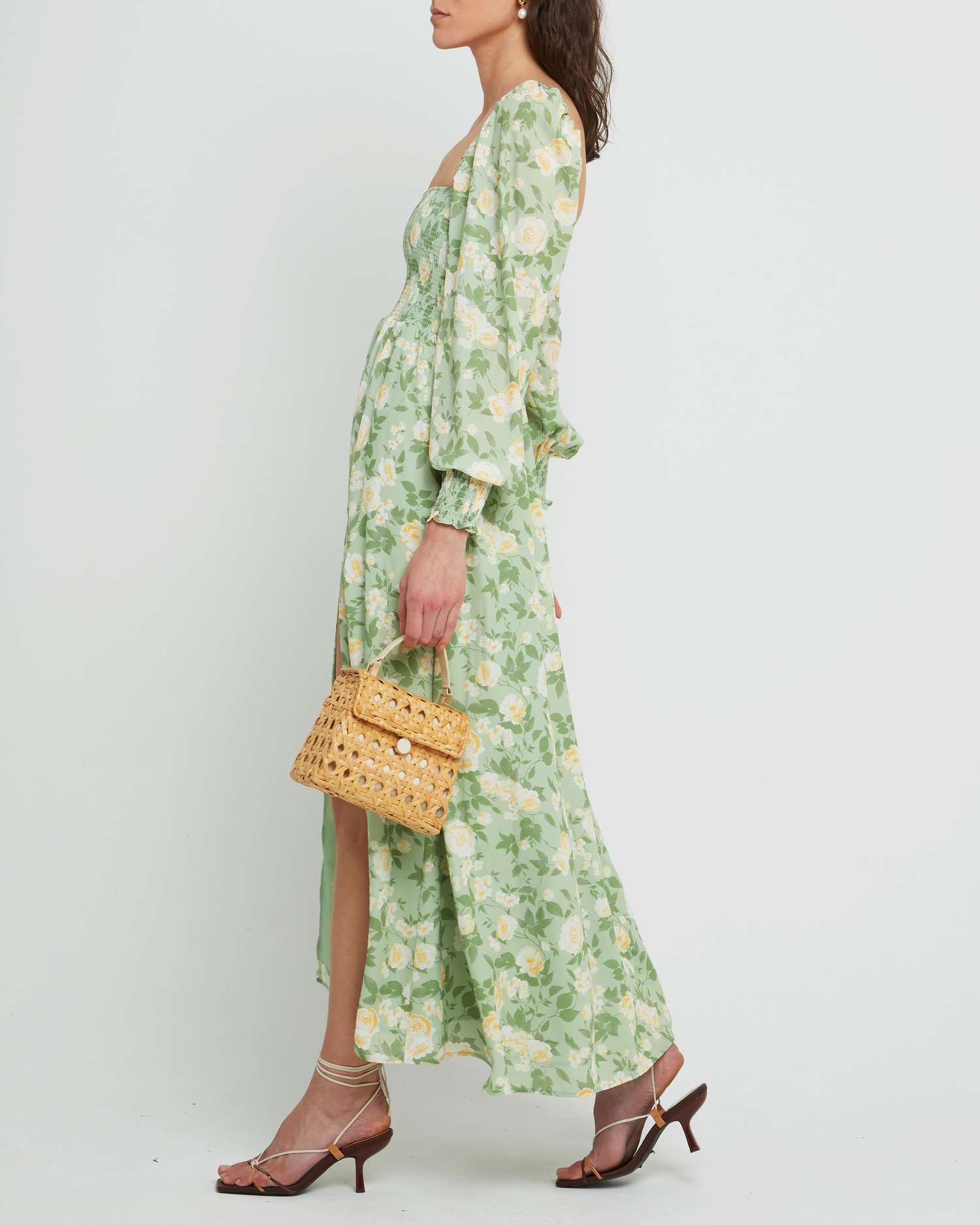 Third image of Classic Smocked Maxi Dress, a floral maxi dress, side slit, long, sheer sleeves, puff sleeves, square neckline, smocked bodice