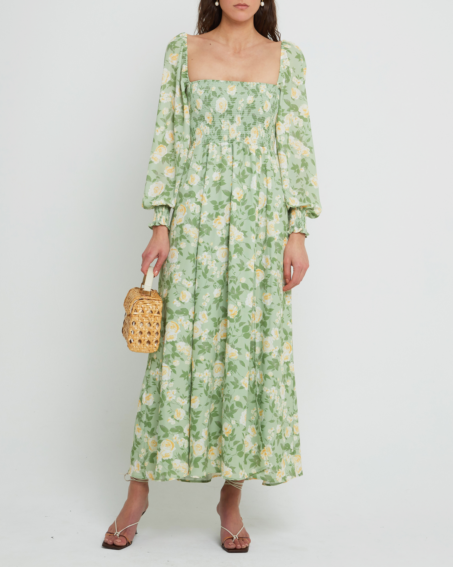 Fourth image of Classic Smocked Maxi Dress, a floral maxi dress, side slit, long, sheer sleeves, puff sleeves, square neckline, smocked bodice