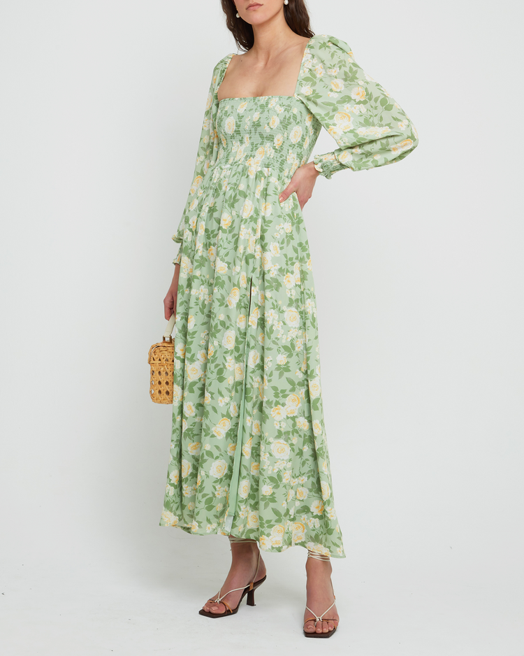 Fifth image of Classic Smocked Maxi Dress, a floral maxi dress, side slit, long, sheer sleeves, puff sleeves, square neckline, smocked bodice