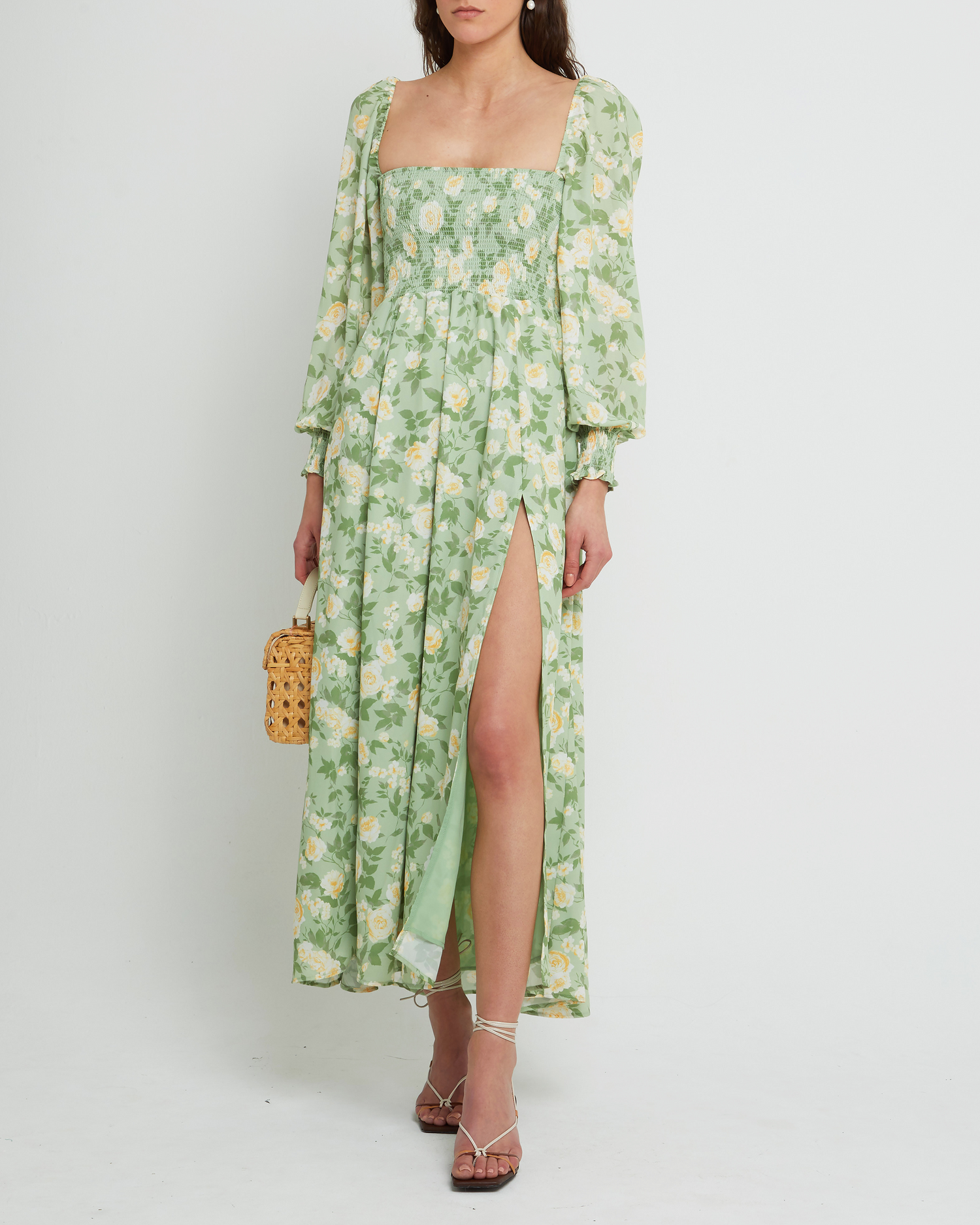 First image of Classic Smocked Maxi Dress, a floral maxi dress, side slit, long, sheer sleeves, puff sleeves, square neckline, smocked bodice