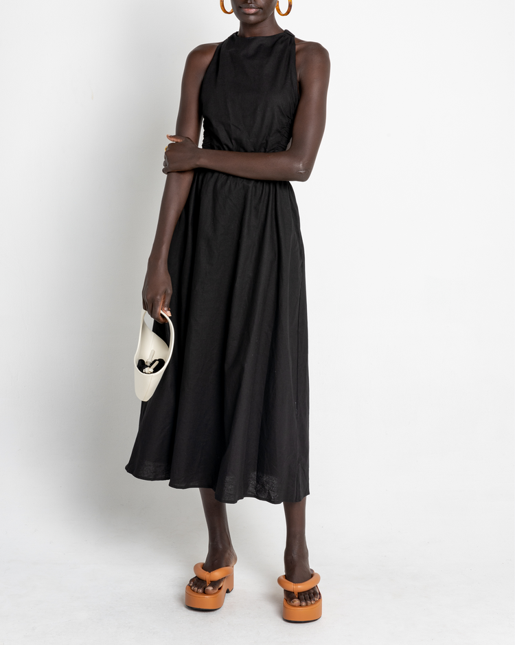 Fourth image of Bandage Dress, a black midi dress, open back, elastic straps, high neckline