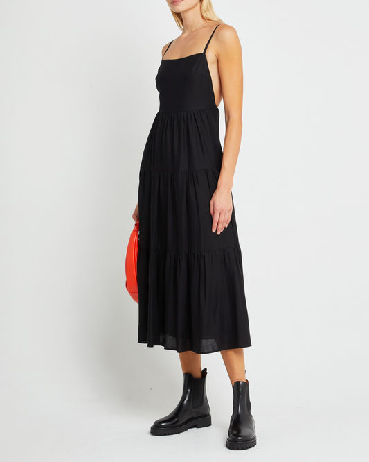 First image of Coco Dress, a black midi dress, open back, spaghetti straps