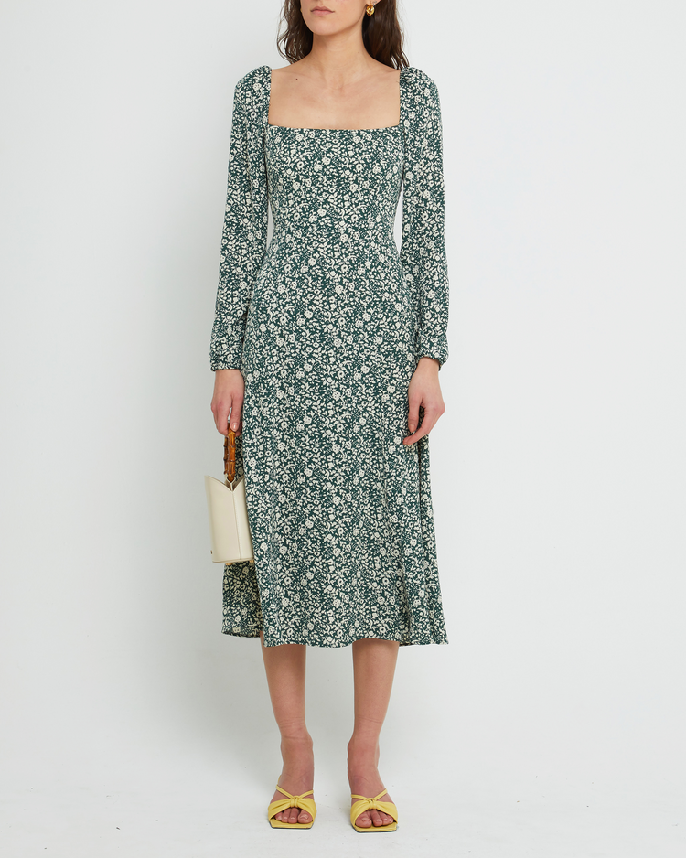 Fourth image of Lenon Dress, a green midi dress, side skirt slit, long sleeves, square neckline