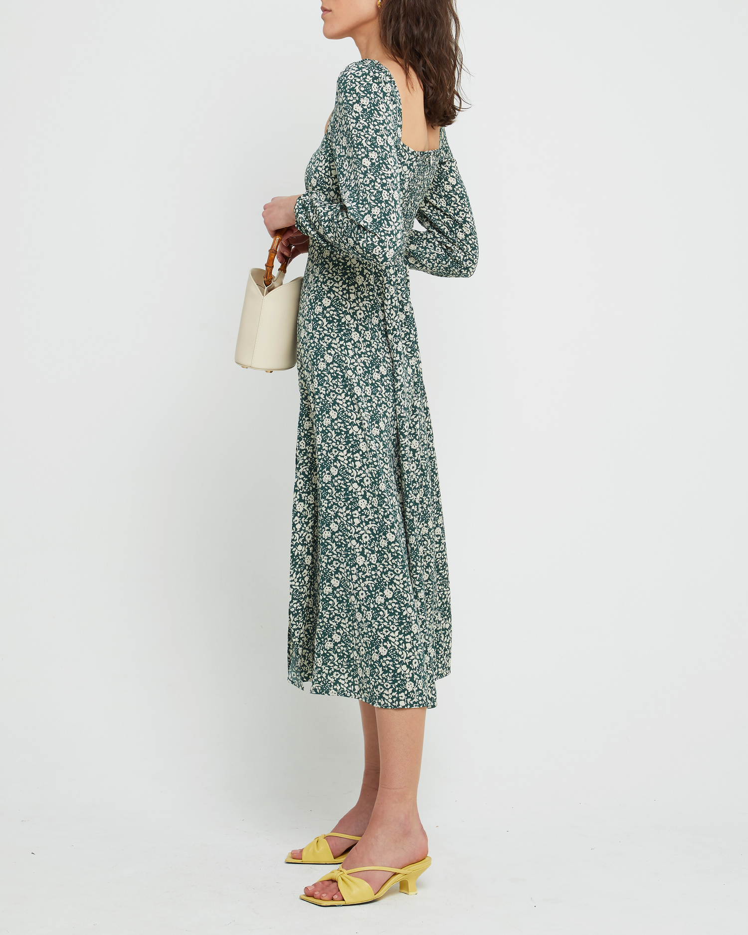 Fifth image of Lenon Dress, a green midi dress, side skirt slit, long sleeves, square neckline