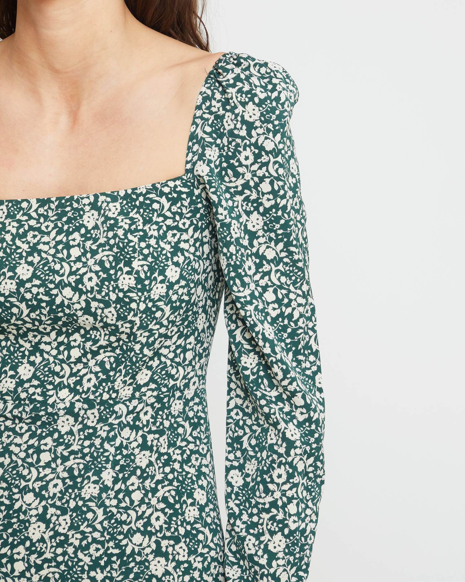 Sixth image of Lenon Dress, a green midi dress, side skirt slit, long sleeves, square neckline