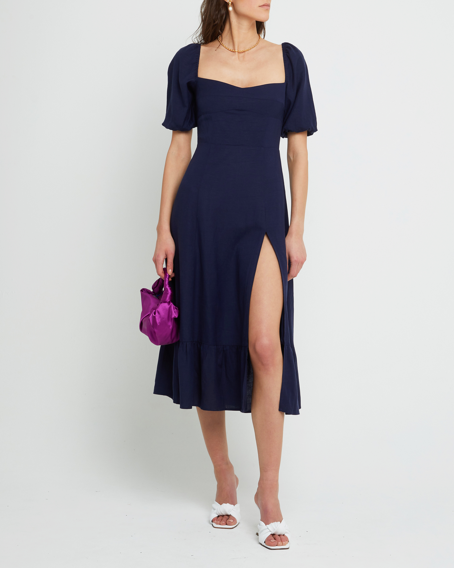 Fourth image of Violetta Midi Dress, a blue midi dress, sweetheart neckline, short sleeves, puff sleeves, side slit