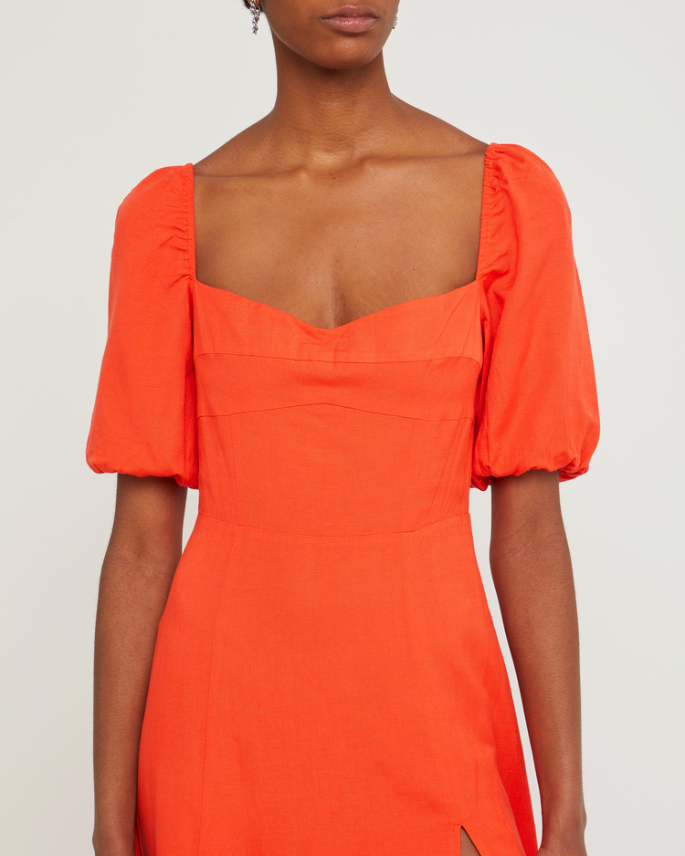Fifth image of Violetta Midi Dress, a orange midi dress, sweetheart neckline, short sleeves, puff sleeves, side slit